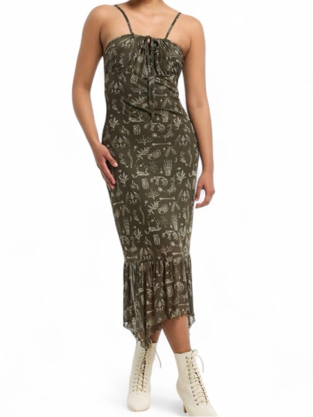 Cosmic Aura Olive Animal Skeleton Mesh
Hanky Hem Midaxi Dress Size XL